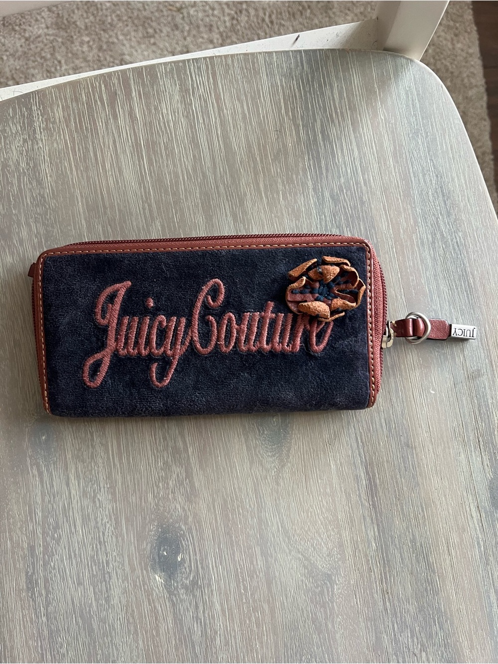 Vintage Juicy Couture Navy Blue Zip Wallet with Brown Trim and Floral Accent